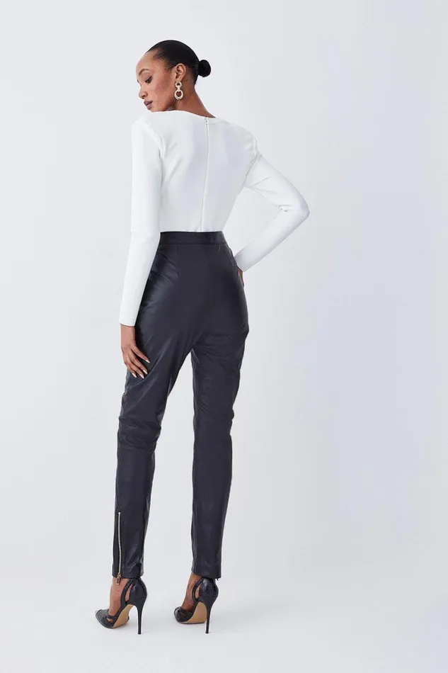 Trousers Women Karen Millen Leather Button Pocket Detail Zip Hem Slim Leg Black