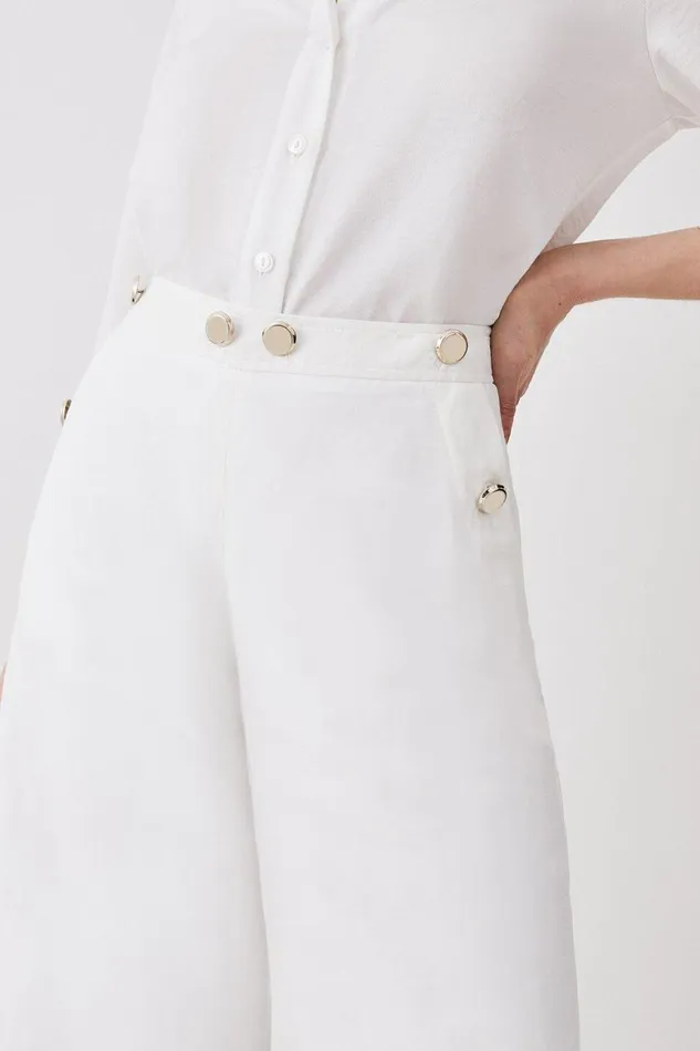 Trousers Women Karen Millen Linen Nautical Button Detail Wide Leg Trousers Ivory