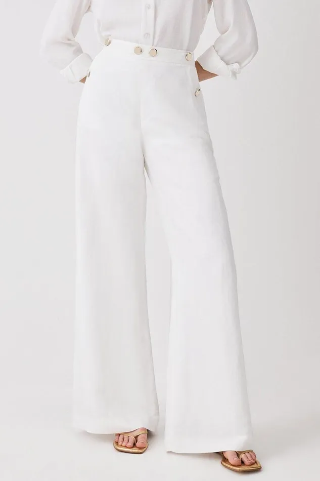 Trousers Women Karen Millen Linen Nautical Button Detail Wide Leg Trousers Ivory