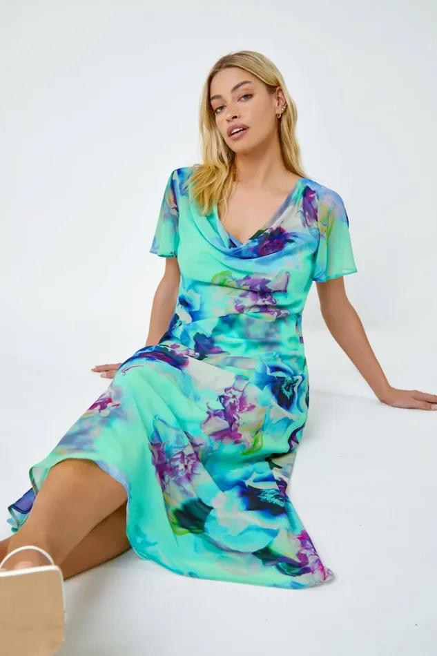 Turquoise Floral Print Cowl Neck Dress Women Roman Dresses