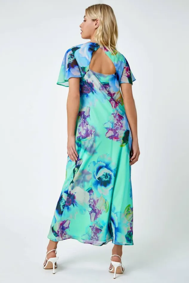 Turquoise Floral Print Cowl Neck Dress Women Roman Dresses
