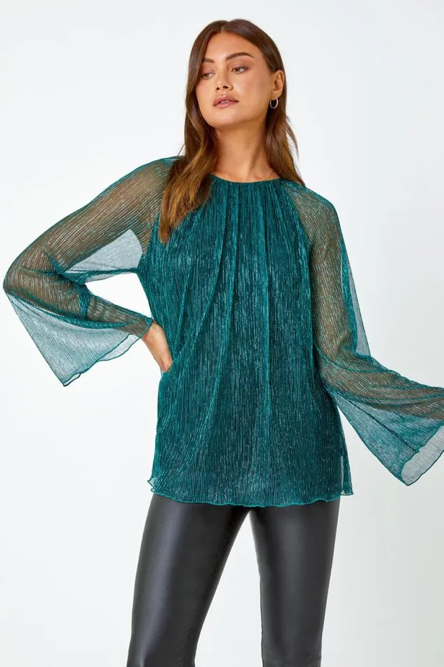 Turquoise Plisse Overlay Wide Sleeve Top Women Roman Tops