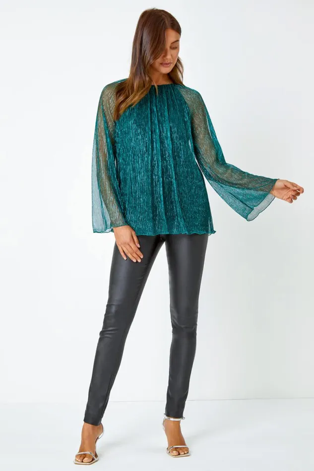 Turquoise Plisse Overlay Wide Sleeve Top Women Roman Tops