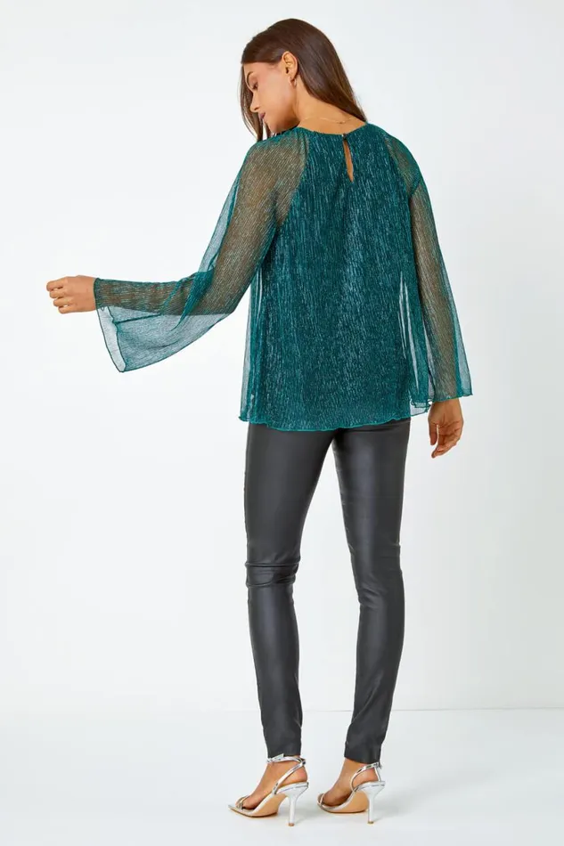 Turquoise Plisse Overlay Wide Sleeve Top Women Roman Tops