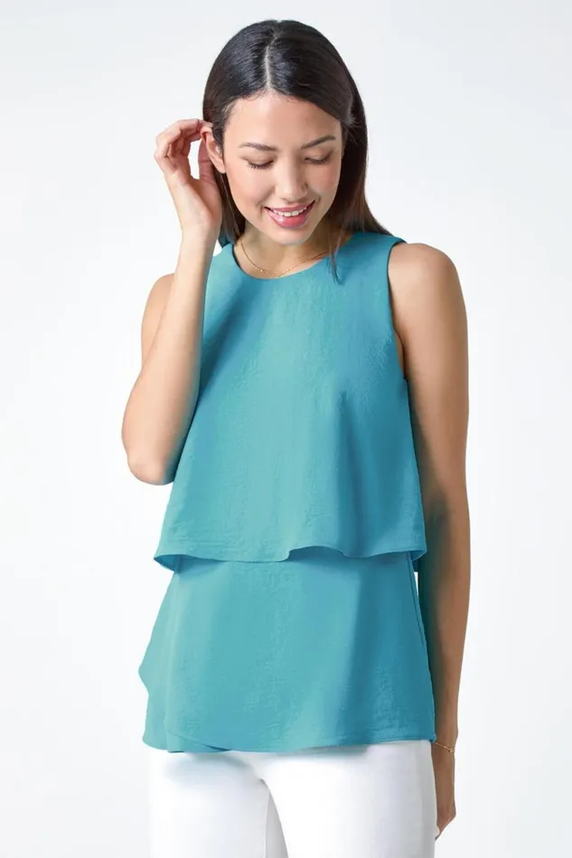 Turquoise Tiered Sleeveless Vest Top Women Roman Tops