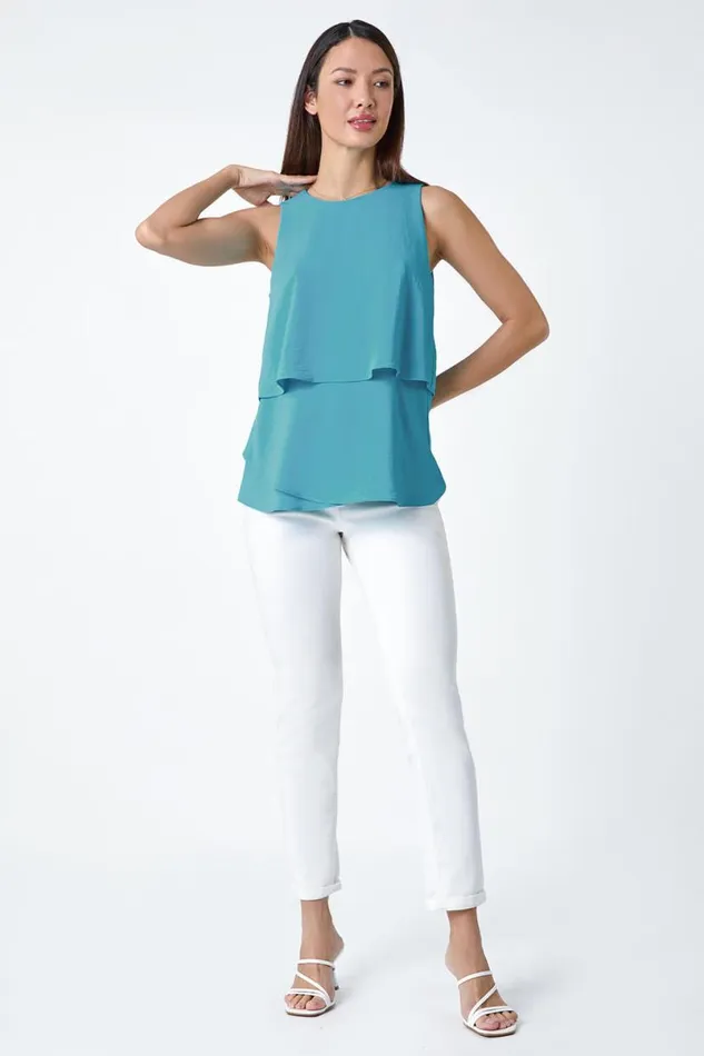 Turquoise Tiered Sleeveless Vest Top Women Roman Tops