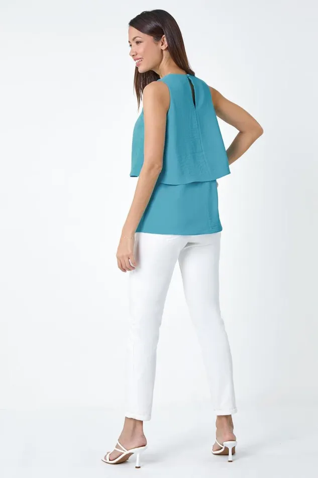 Turquoise Tiered Sleeveless Vest Top Women Roman Tops
