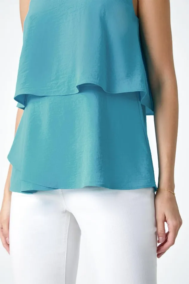 Turquoise Tiered Sleeveless Vest Top Women Roman Tops