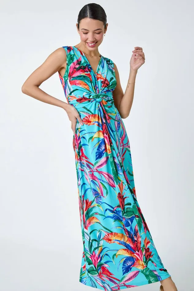 Turquoise Tropical Twist Detail Stretch Maxi Dress Women Roman Dresses