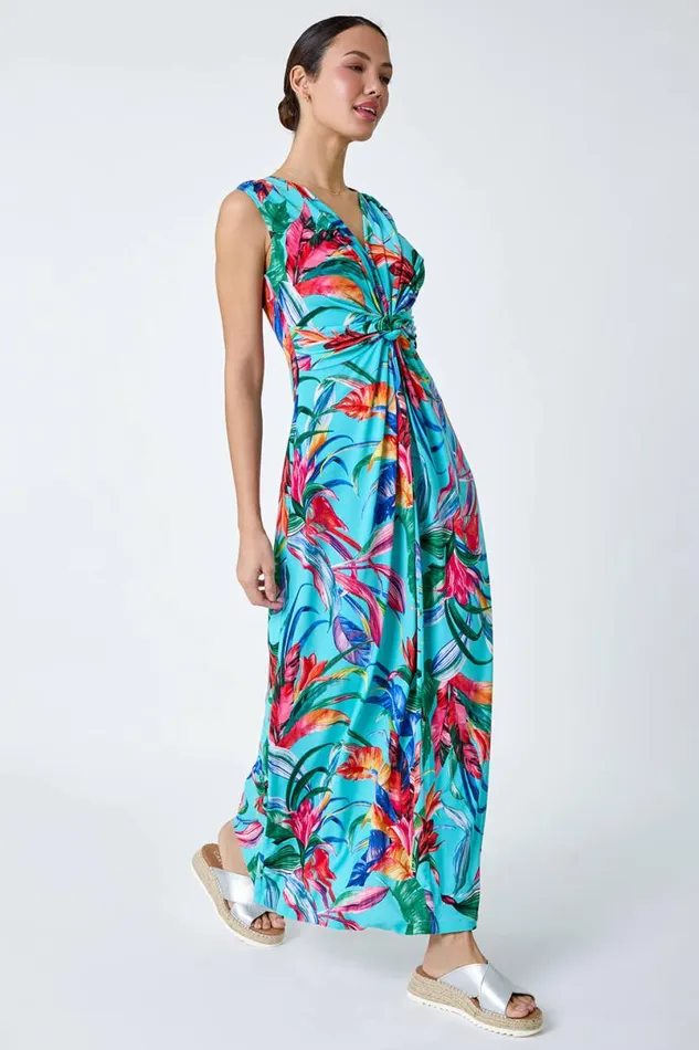Turquoise Tropical Twist Detail Stretch Maxi Dress Women Roman Dresses