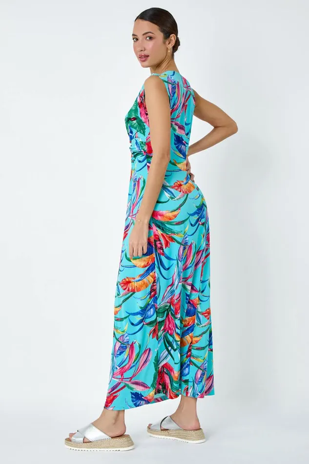 Turquoise Tropical Twist Detail Stretch Maxi Dress Women Roman Dresses