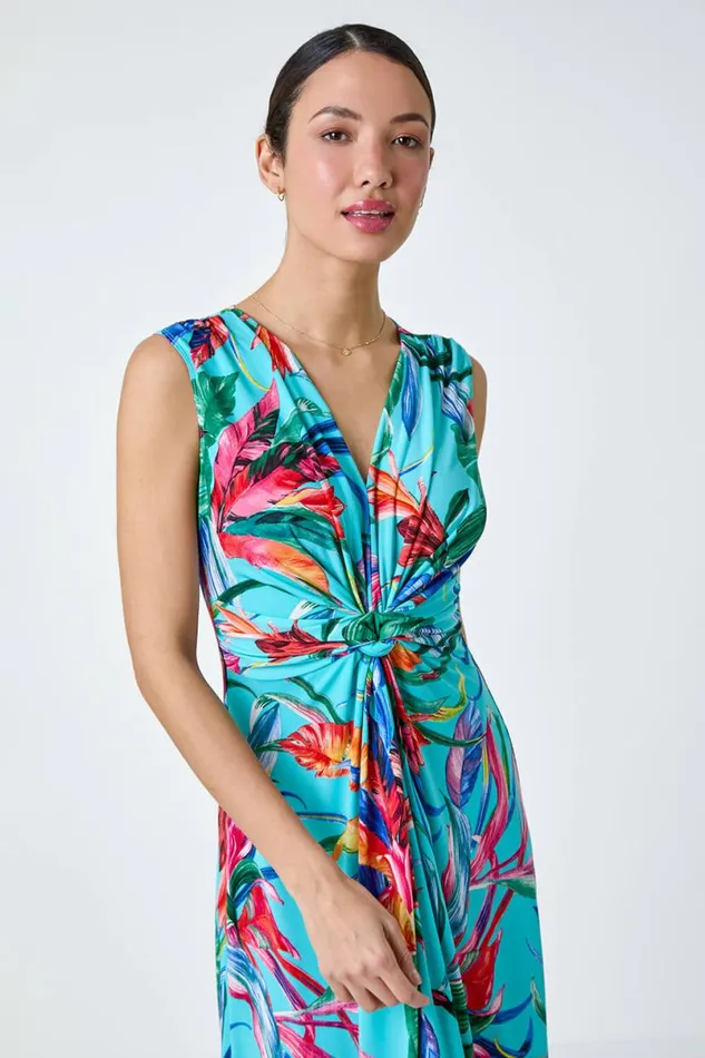 Turquoise Tropical Twist Detail Stretch Maxi Dress Women Roman Dresses