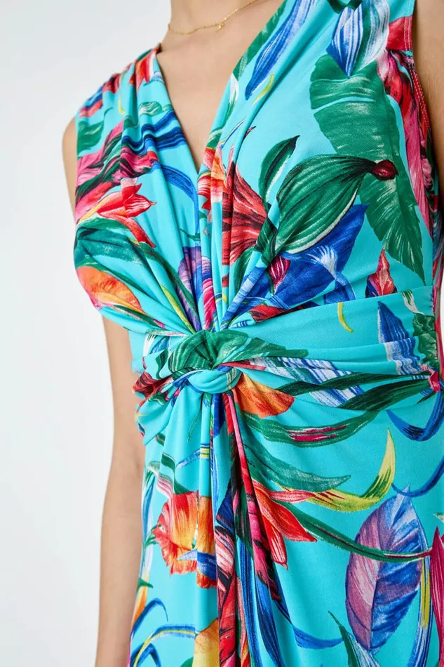 Turquoise Tropical Twist Detail Stretch Maxi Dress Women Roman Dresses