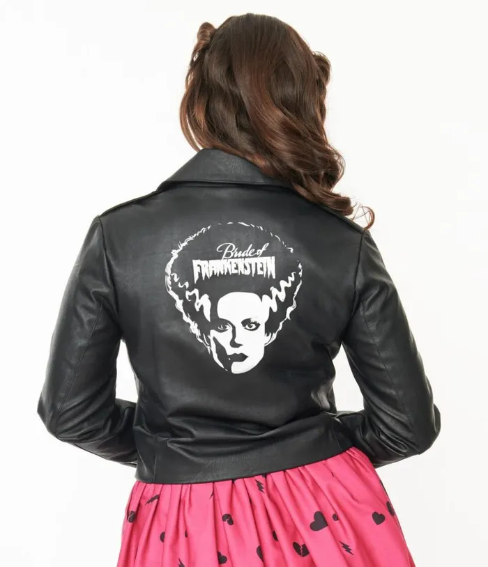 Universal Monsters X Black and White Bride Of Frankenstein Leather Jacket ClothingHalloween Unique Vintage Coats and Jackets