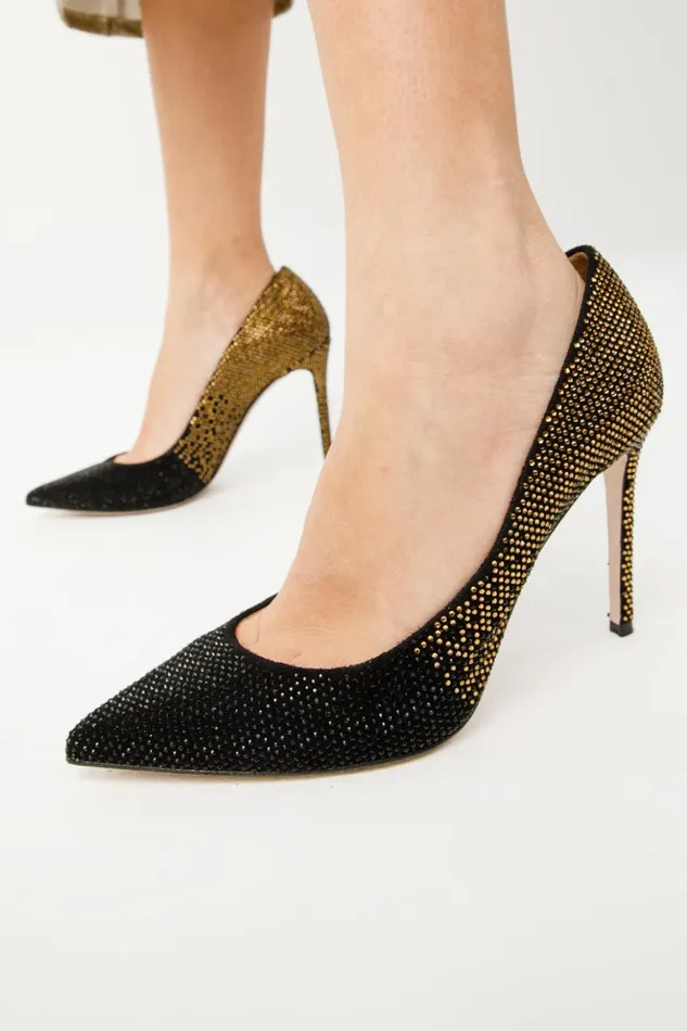 Vinci Leather Heels The Bago Black and Gold Glitter Leather Pump Shoe 8211 Women