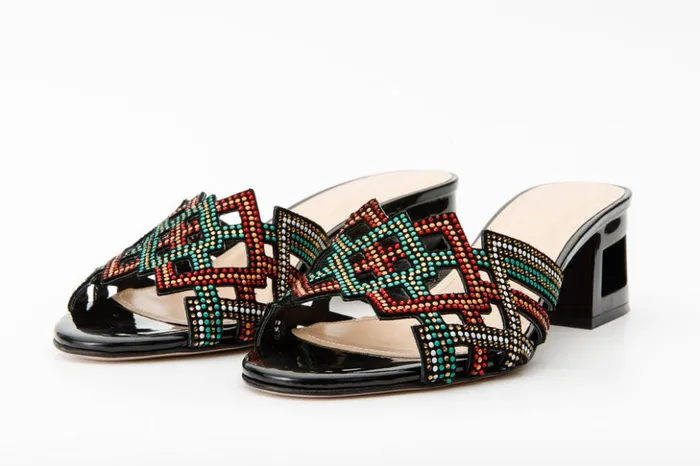 Vinci Leather Sandals The Palma Black Glitter Leather Block Heel Sandal 8211 Women