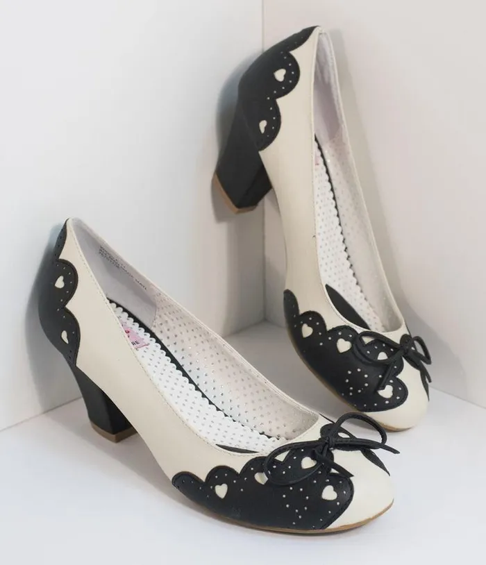Vintage Style Black and Cream Cutout Leatherette Wiggle Pumps Shoes Unique Vintage Heels