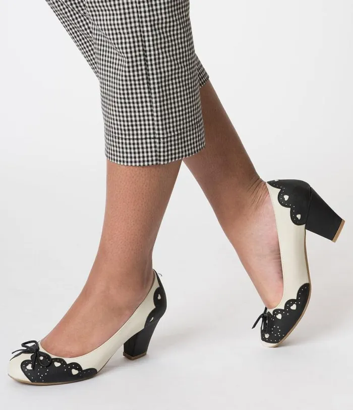 Vintage Style Black and Cream Cutout Leatherette Wiggle Pumps Shoes Unique Vintage Heels