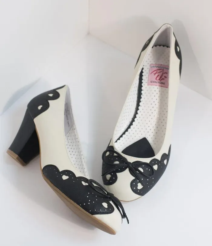 Vintage Style Black and Cream Cutout Leatherette Wiggle Pumps Shoes Unique Vintage Heels