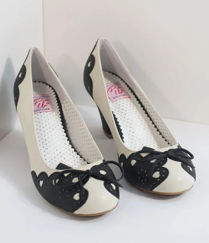 Vintage Style Black and Cream Cutout Leatherette Wiggle Pumps Shoes Unique Vintage Heels