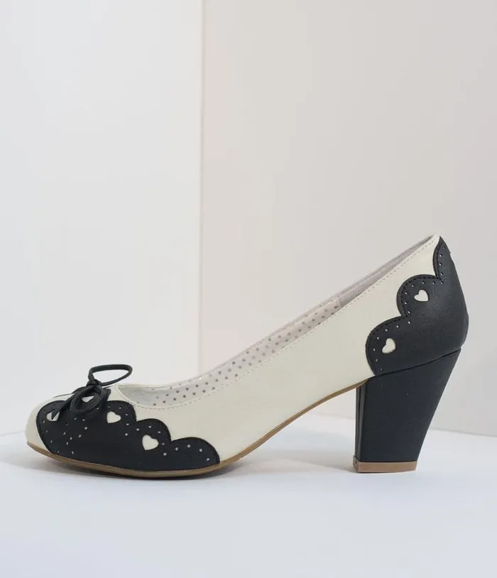 Vintage Style Black and Cream Cutout Leatherette Wiggle Pumps Shoes Unique Vintage Heels