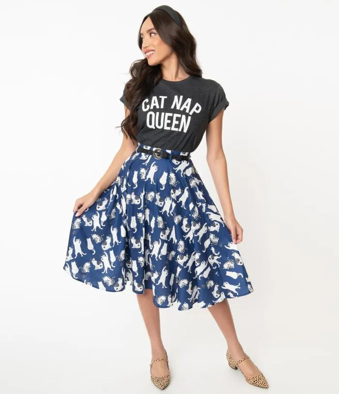 Vintage Style Navy and White Cat Print Swing Skirt Clothing Unique Vintage Skirts Vintage Style Navy and White Cat Print Swing Skirt Clothing Unique Vintage Skirts