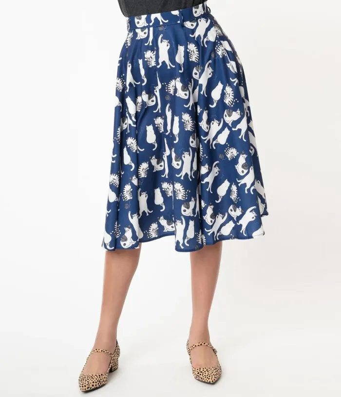 Vintage Style Navy and White Cat Print Swing Skirt Clothing Unique Vintage Skirts