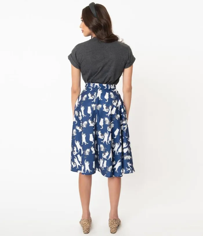 Vintage Style Navy and White Cat Print Swing Skirt Clothing Unique Vintage Skirts