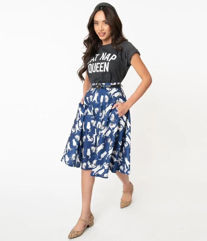 Vintage Style Navy and White Cat Print Swing Skirt Clothing Unique Vintage Skirts