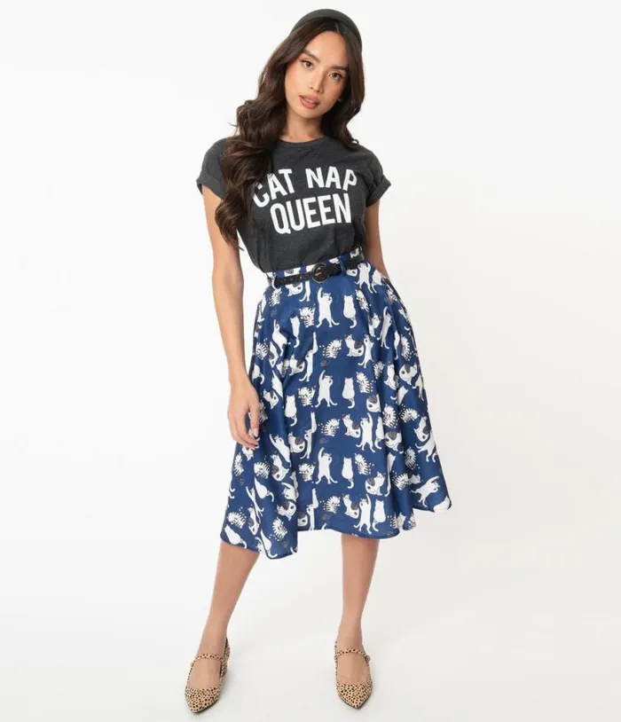 Vintage Style Navy and White Cat Print Swing Skirt Clothing Unique Vintage Skirts
