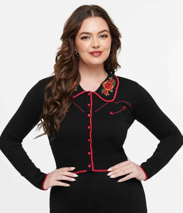 Voodoo Vixen 1950s Black and Red Western Rose Cardigan Clothing Unique Vintage Sweaters and Cardigans Voodoo Vixen 1950s Black and Red Western Rose Cardigan Clothing Unique Vintage Sweaters and Cardigans