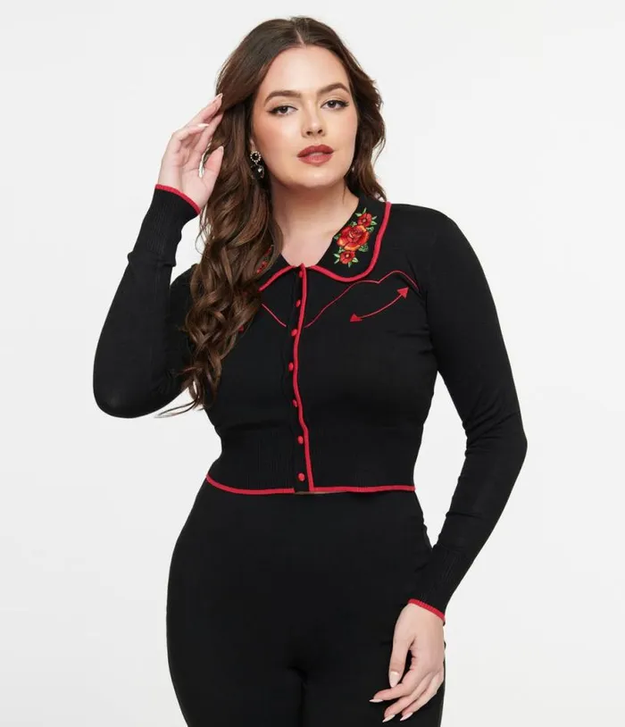 Voodoo Vixen 1950s Black and Red Western Rose Cardigan Clothing Unique Vintage Sweaters and Cardigans