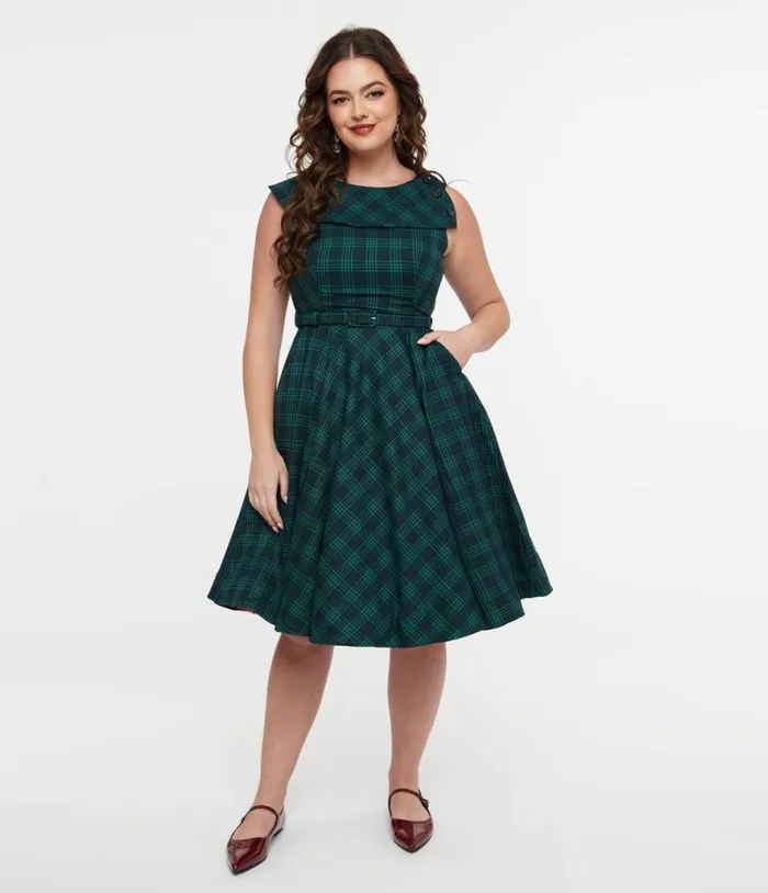 Voodoo Vixen 1950s Green Check Fit and Flare Dress DressesPlus Unique Vintage Pocket Dresses