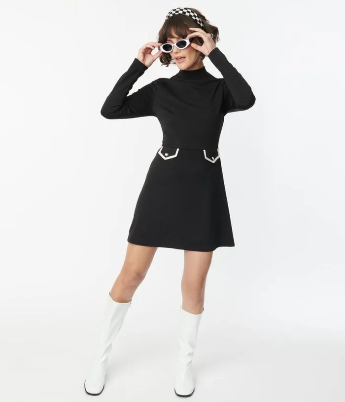 VSmak Parlour Black Mock Turtleneck Fit and Flare Dress Dresses Unique Vintage Fit and Flare VSmak Parlour Black Mock Turtleneck Fit and Flare Dress Dresses Unique Vintage Fit and Flare