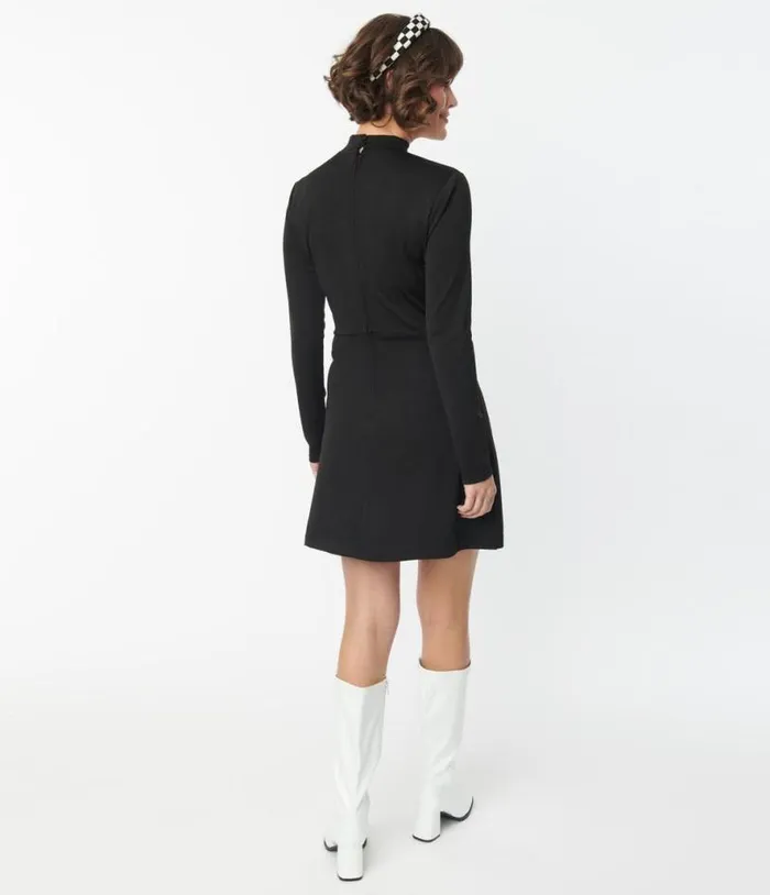 VSmak Parlour Black Mock Turtleneck Fit and Flare Dress Dresses Unique Vintage Fit and Flare