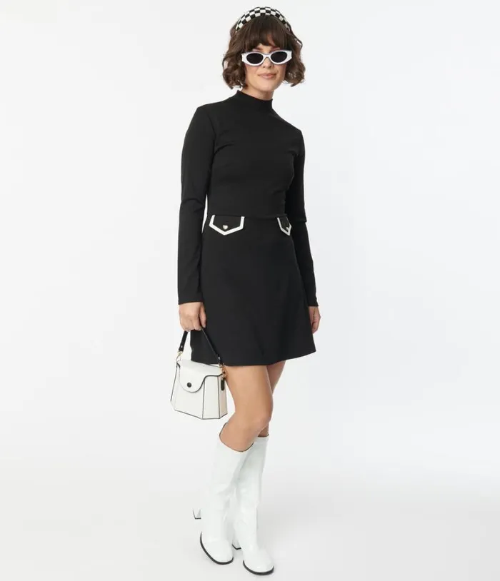 VSmak Parlour Black Mock Turtleneck Fit and Flare Dress Dresses Unique Vintage Fit and Flare
