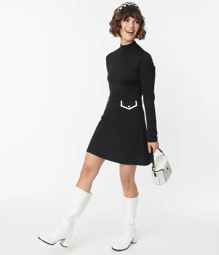 VSmak Parlour Black Mock Turtleneck Fit and Flare Dress Dresses Unique Vintage Fit and Flare