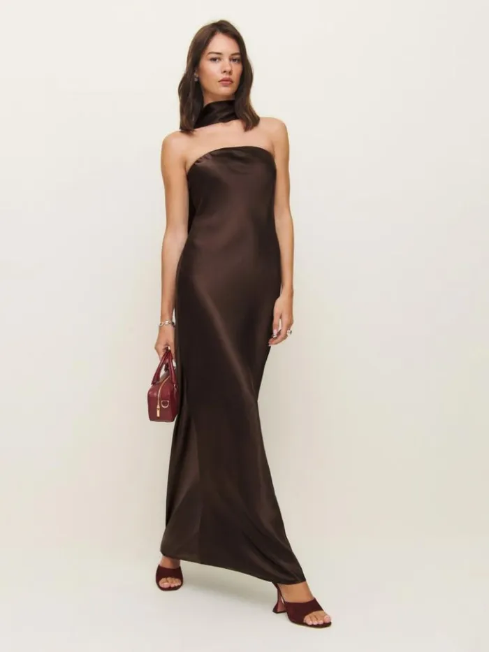 Weddings The Reformation Oren Silk Dress Black Bean