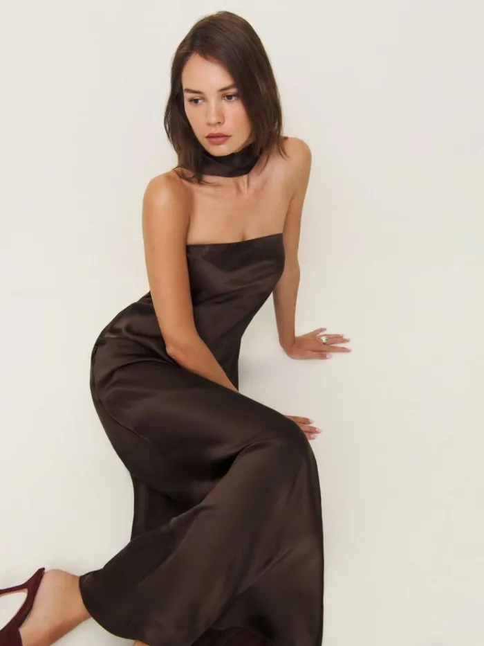 Weddings The Reformation Oren Silk Dress Black Bean