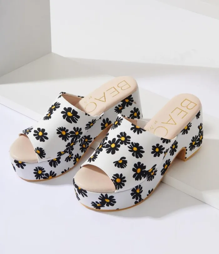 White and Black Daisy Print Platform Mule Shoes Unique Vintage Sandals