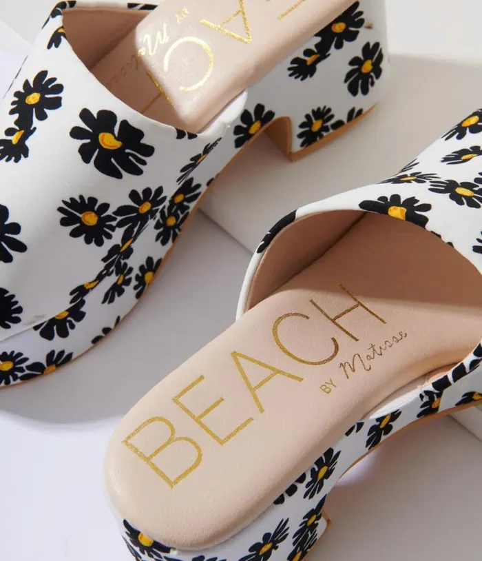 White and Black Daisy Print Platform Mule Shoes Unique Vintage Sandals