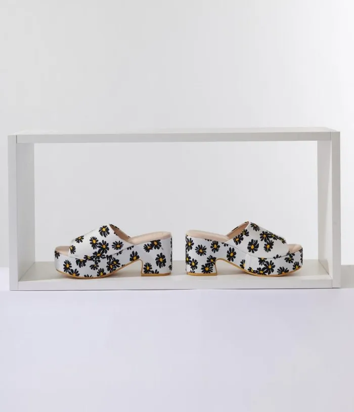 White and Black Daisy Print Platform Mule Shoes Unique Vintage Sandals