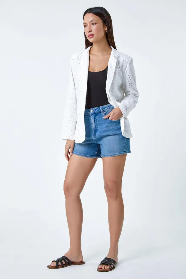 White Cotton Broderie Blazer Jacket Women Roman Jackets