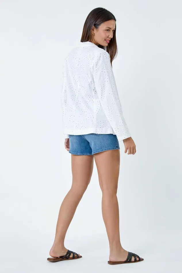 White Cotton Broderie Blazer Jacket Women Roman Jackets