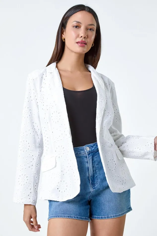 White Cotton Broderie Blazer Jacket Women Roman Jackets