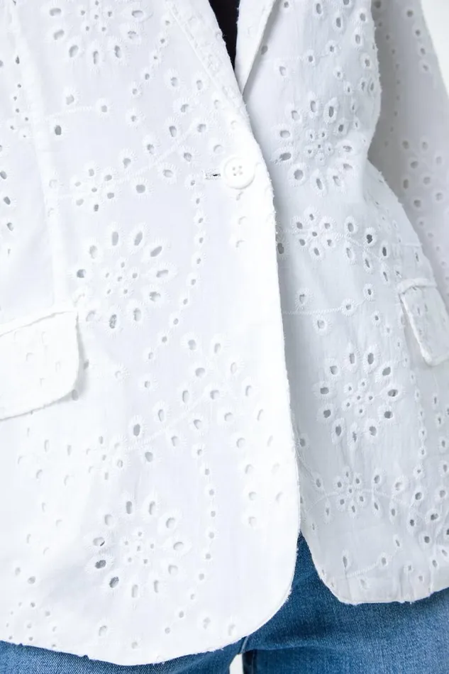 White Cotton Broderie Blazer Jacket Women Roman Jackets