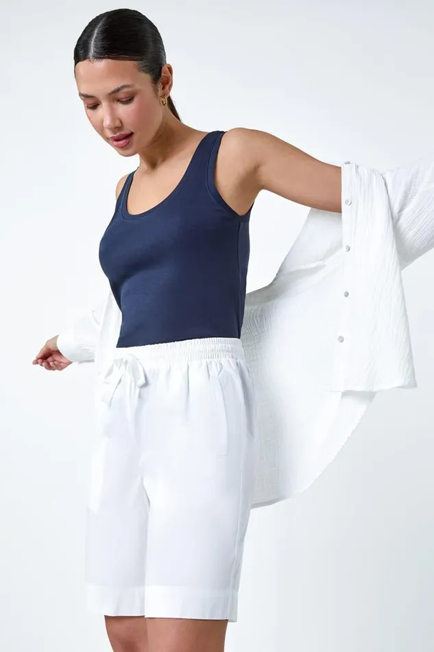 White Cotton Elastic Waist Tie Detail Pocket Shorts Women Roman Trousers