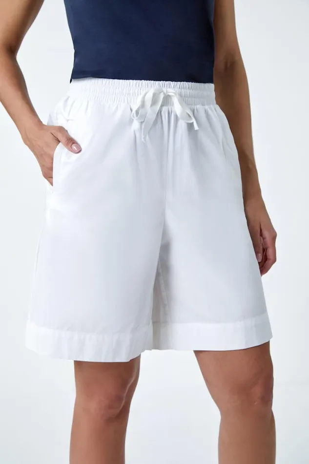 White Cotton Elastic Waist Tie Detail Pocket Shorts Women Roman Trousers