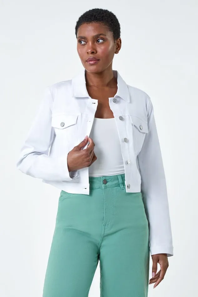 White Cropped Stretch Jacket Women Roman Jackets