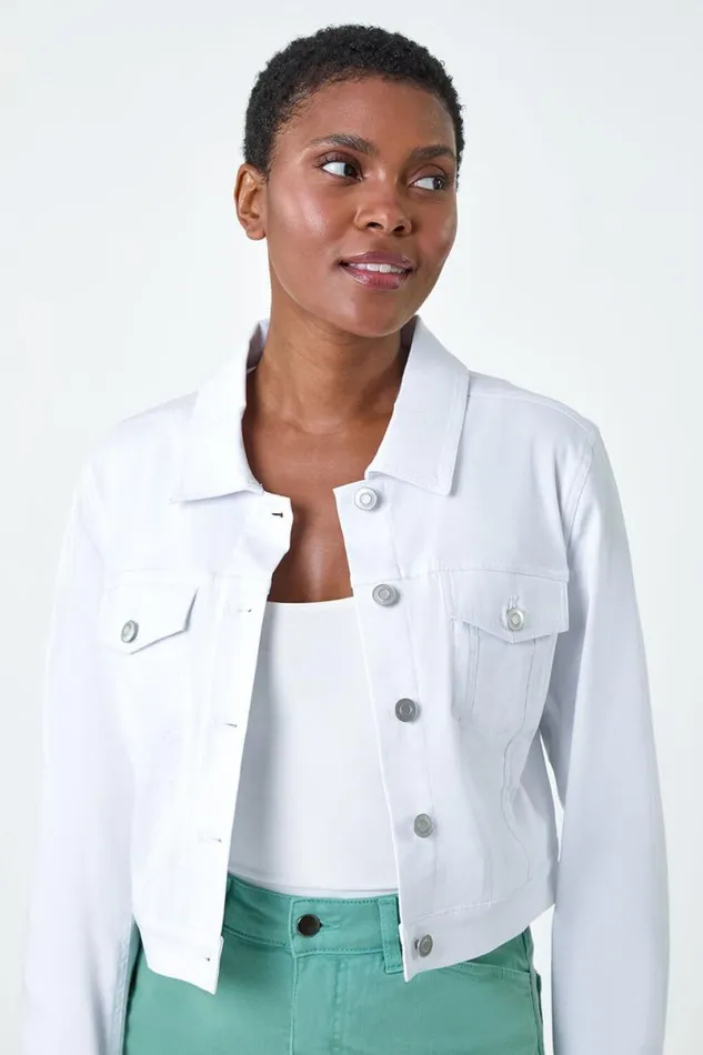 White Cropped Stretch Jacket Women Roman Jackets